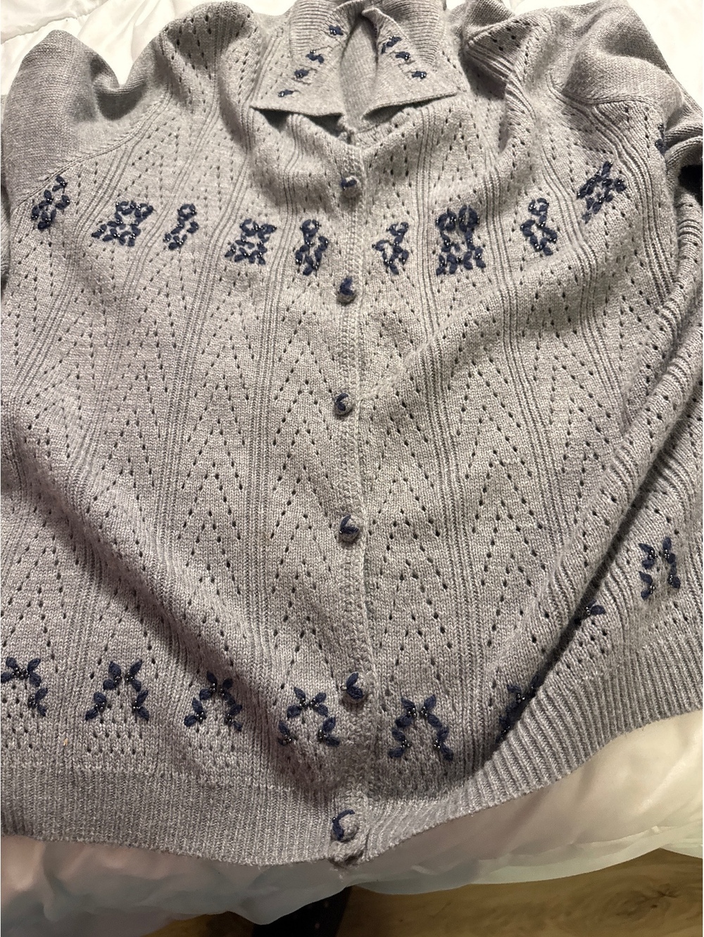 Napa Valley Gray Knit Cardigan Sweater with Blue Embroidery